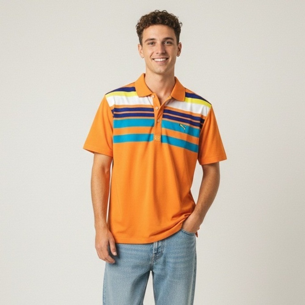 Puma‎ Golf Polo Shirt Men's Orange Blue Stripe Short Sleeve Performance - Size L